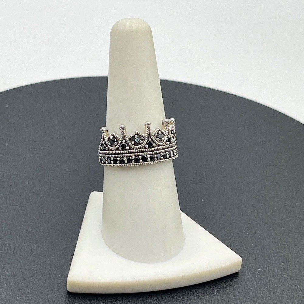 Princess Crown Sterling Silver Marcasite Black Stone Vintage Oxidized Ring 8.5